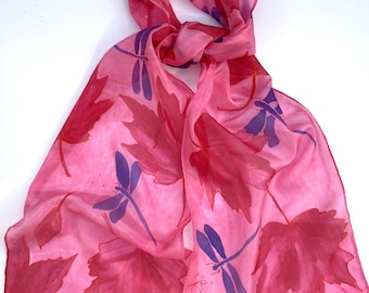 Hand painted silk scarf, Red Leaves and Dragonflies