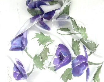 Hand Painted Purple Poppies Silk Scarf – Lightweight Floral Accessory