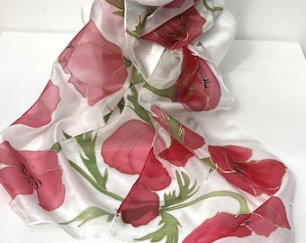 Écharpe en soie à motif coquelicot rouge, peinte à la main