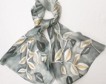 Grey and White leaf design hand painted silk scarf.