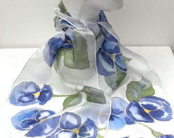 Hand Painted Blue Pansy Silk Scarf, White Floral Lightweight Ponge 5 (25x150cm)