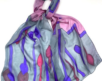 Hand Painted Silk Scarf: Grey, Pink & Purple Abstract Design
