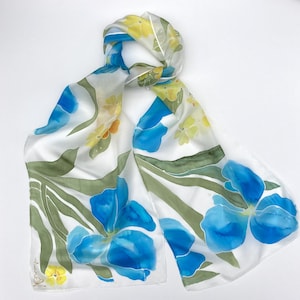 Blue Iris and yellow Primulas hand painted silk scarf.  Iris and Primula silk scarf