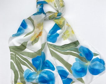 Hand Painted Silk Scarf: Blue Iris & Yellow Primula Floral Design