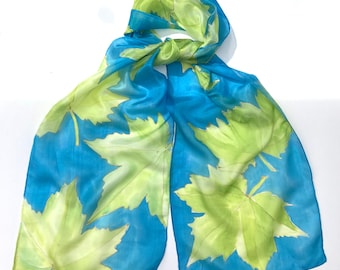 Hand Painted Silk Scarf: Lime Green & Teal Leaf Design