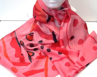 Red abstract hand painted silk scarf