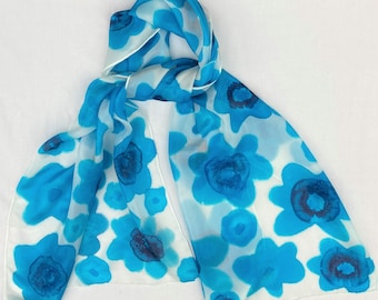 Hand Painted Silk Scarf: Blue Floral Ponge 5 Silk