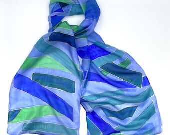 Blue and Green abstract hand painted silk scarf,  Gifts for her