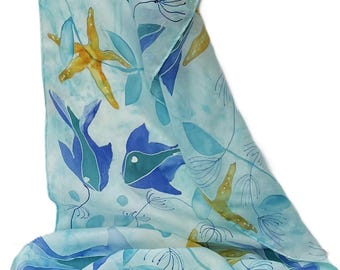 Hand Painted Blue Fish Silk Scarf, Underwater Design