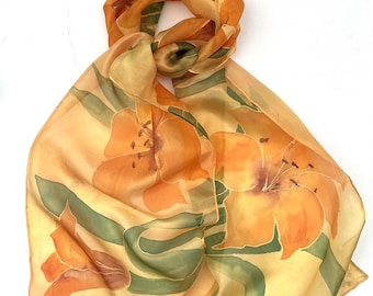 Hand Painted Orange Lily Silk Scarf, Lightweight Floral Accessory, Gift for Mom