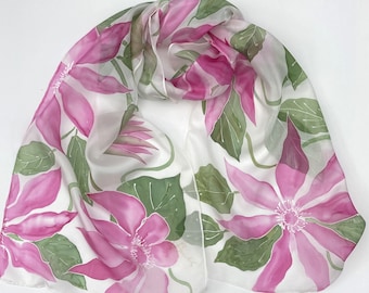 Hand Painted Silk Scarf: Pink Clematis Floral Design