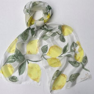 Lemons hand painted silk scarf, Gifts for Mom, Yellow fruit silk scarf