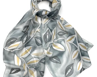 Grey  leaf design hand painted silk scarf, Silk accessories, Gifts for Mom