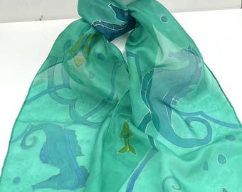Seahorses  Hand Painted Silk Scarf. Emerald Green underwater scarf.   Gifts for Mom