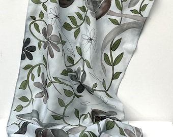 Silver grey tulip and leaves hand painted silk scarf, Gifts for Her, Silk Shawl