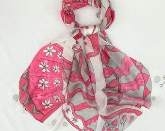 Pink and Grey Decorative Fans hand painted silk scarf.  Abstract pink and grey silk scarf. Hand painted scarf