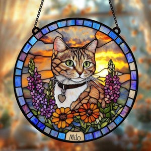 Personalized Cat Memorial Stained Glass, Loss of Pet Sympathy Gift, Cat With Name Suncatcher, Cat Suncatcher, Custom Pet Image Gift, LossCat