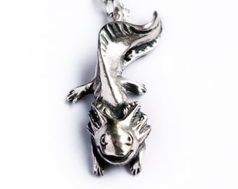 Smiling Axolotl Necklace: Bronze or Silver Mud Puppy Pendant