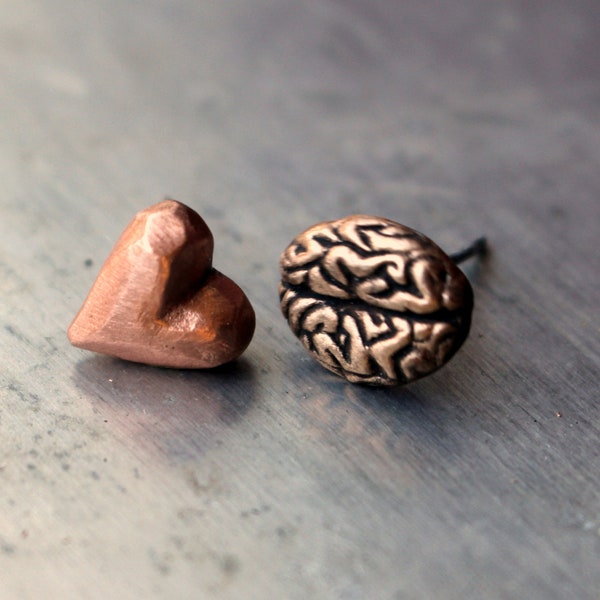 Mind and heart earrings, I love brains mismatched titanium earrings