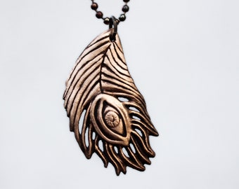 Peacock feather eye necklace surreal art jewelry