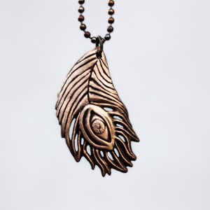 Peacock feather eye necklace surreal art jewelry