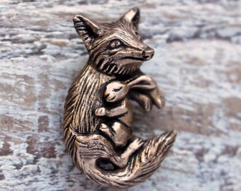 Fox and rabbit brooch, Personalized, Fairy tale love