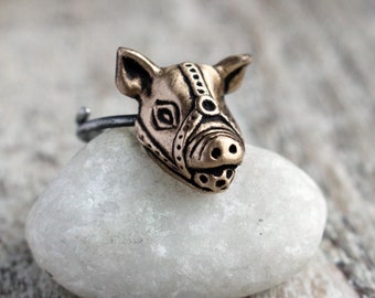 Kinky pig ring, piggy in a gag ball, Mature BDSM jewelry,