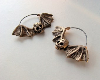 Bat skull titanium hoop earrings