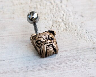 English bulldog belly button jewelry, titanium or surgical steel bar