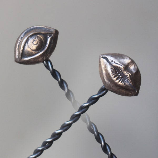 Eye and mouth hair stick, reversible metal hair stick for long hair