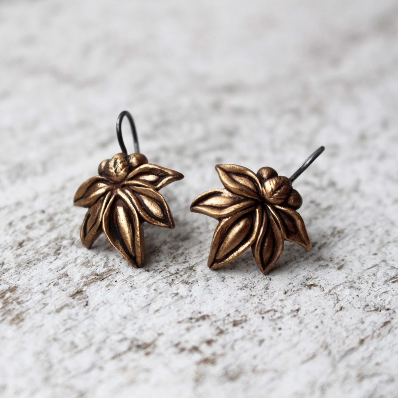 Fantasy flower pod earrings, bronze and titanium earrings image 1