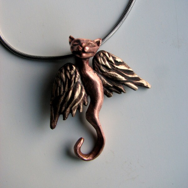 Winged cat creature sculpture necklace