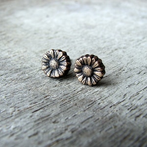 Sunflower studs, bronze and titanium earrings