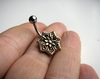 Star flower belly button ring, titanium or surgical steel bar