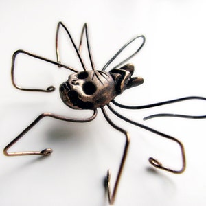 Skull spider earring bronze and titanium wire sculpture image 2