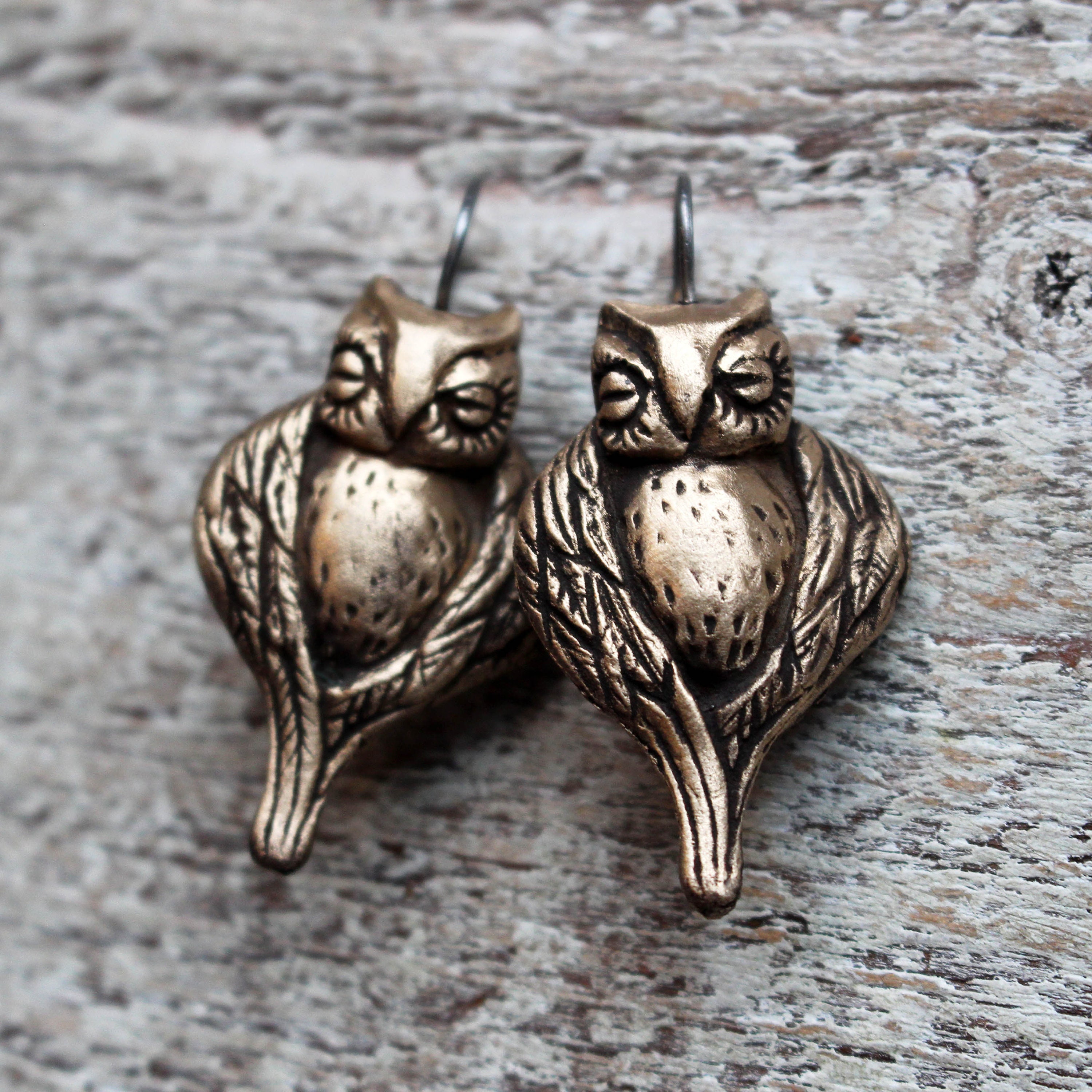 Handmade Bronze Owl Earrings: Hypoallergenic Titanium Hooks
