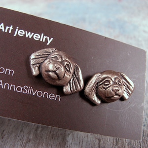 Tibetan spaniel dog bronze and titanium earrings