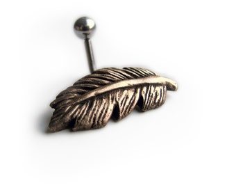 Feather belly button ring, titanium or surgical steel bar