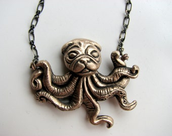 octopus pug dog necklace surreal animal jewelry