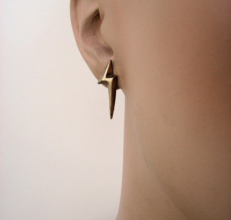 lightning bolt earrings, flash of lightning, geometric studs, bronze and titanium earrings image 6
