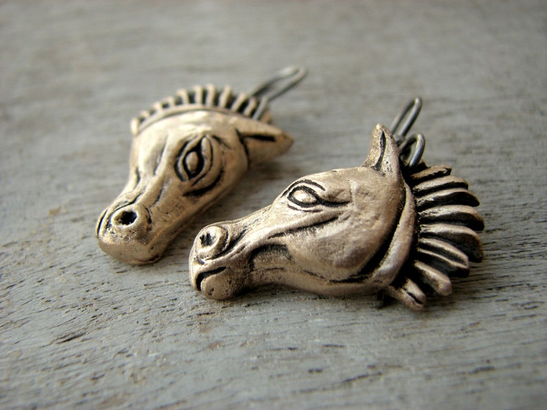 Horse earrings titanium & sculptured bronze image 1