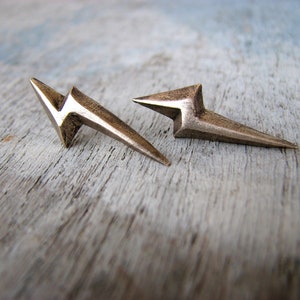 lightning bolt earrings, flash of lightning, geometric studs, bronze and titanium earrings image 4