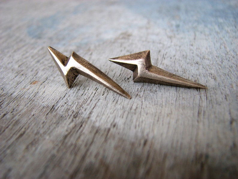 lightning bolt earrings, flash of lightning, geometric studs, bronze and titanium earrings image 4