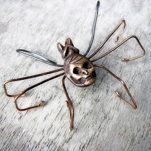 Skull spider earring bronze and titanium wire sculpture image 3