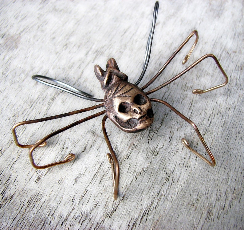 Skull spider earring bronze and titanium wire sculpture image 3