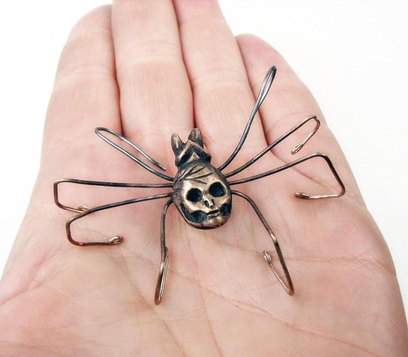 Skull spider earring bronze and titanium wire sculpture image 4