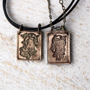 Initial monogram letter necklace, ornamental vintage letter press style