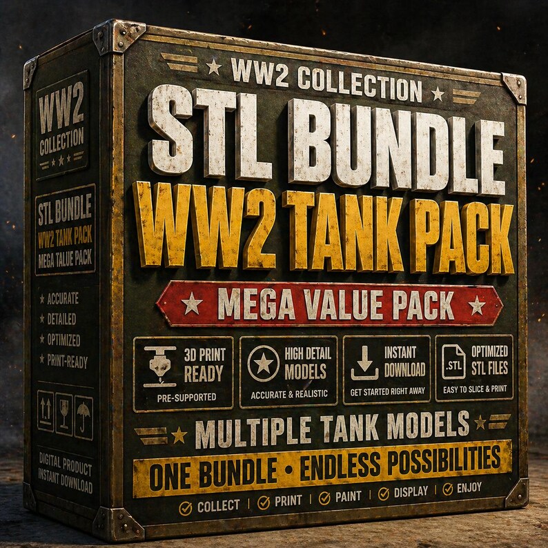 May include: A box with the text "WW2 COLLECTION STL BUNDLE WW2 TANK PACK MEGA VALUE PACK". The box is dark green and brown with white and yellow lettering. It advertises 3D print-ready, high-detail models, and instant download.