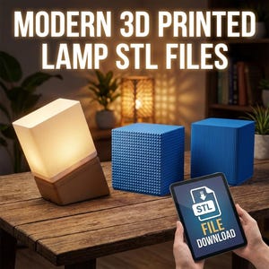 May include: The image showcases modern 3D-printed lamp designs. One lamp has a rectangular, illuminated shade with a brown base. Two blue cube-shaped lamps are also displayed. A tablet shows an STL file download icon. The text reads "MODERN 3D PRINTED LAMP STL FILES."