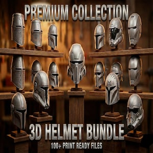 Puede incluir: Colección de cascos 3D plateados exhibidos en pedestales y estantes de madera. La imagen presenta el texto "PREMIUM COLLECTION" y "3D HELMET BUNDLE" con "100+ PRINT READY FILES" debajo. Los cascos varían en diseño.